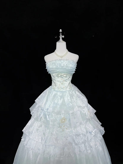 Cute Ball Gown Strapless Blue Organza With Appliqued Quince Dress Voluminous Sweet 16 Sweet Sixteen Outfits Vestido de 15 RB7463
