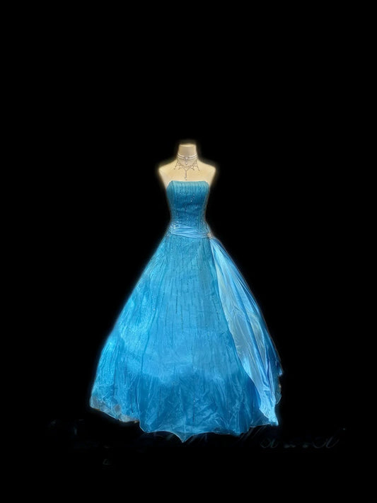 Princess Ball Gown Strapless Blue Satin Sleeveless With Beading Long Quinceanera Dress vestido de 15 de cenicienta RB3488