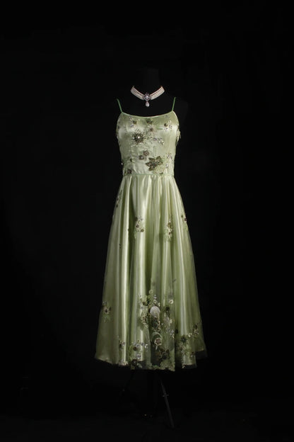 Vintage A line Spaghetti Strap Sage Green Tulle Tea Length Party Dress With Beads 1950s Retro Classy Birthday Dinner Prom Dresses AS093