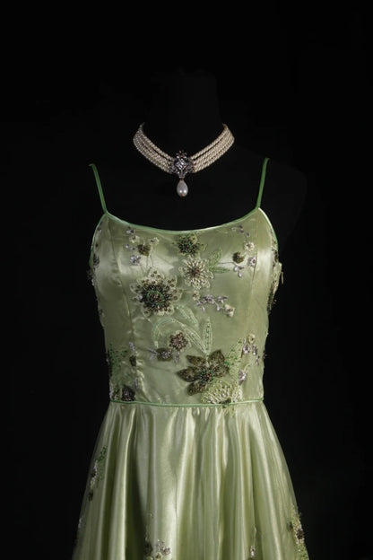 Vintage A line Spaghetti Strap Sage Green Tulle Tea Length Party Dress With Beads 1950s Retro Classy Birthday Dinner Prom Dresses AS093