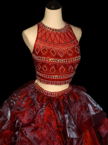 Classic Ball Gown 2 Pieces Burgundy Tulle Sleeveless With Beads Long Prom Dresses Senior Graduation Dance Evening Outfits AS092