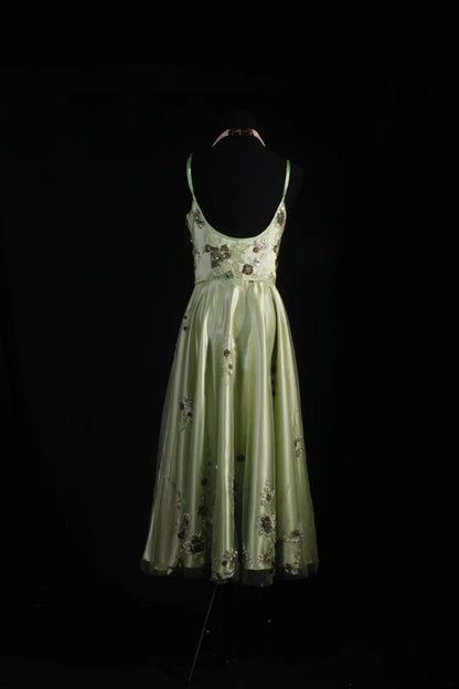 Vintage A line Spaghetti Strap Sage Green Tulle Tea Length Party Dress With Beads 1950s Retro Classy Birthday Dinner Prom Dresses AS093