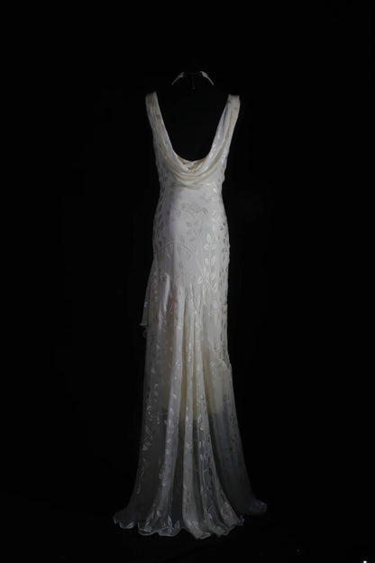 Chic Mermaid Cowl Neck White Lace High Low Chiffon With Beads Long Party Formal Women Prom Dresses AS094