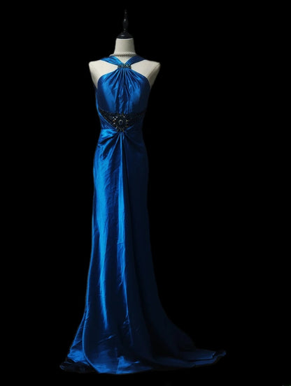 Retro 60s A line Halter Royal Blue Satin Sleeveless Long Evening Dresses Inspo Senior Night Dance Prom Dress AS094