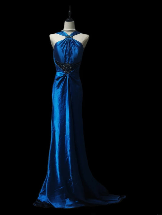 Retro 60s A line Halter Royal Blue Satin Sleeveless Long Evening Dresses Inspo Senior Night Dance Prom Dress AS094