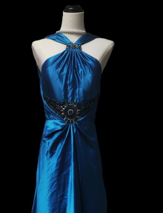 Retro 60s A line Halter Royal Blue Satin Sleeveless Long Evening Dresses Inspo Senior Night Dance Prom Dress AS094
