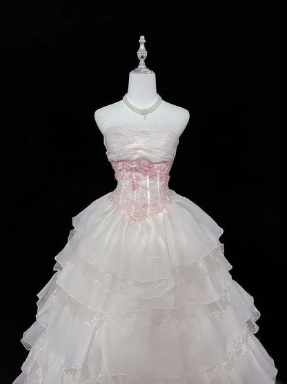 Cute Ball Gown Strapless Pink Organza With Appliqued Quince Dress Voluminous Sweet 16 Sweet Sixteen Outfits Vestido de 15 RB7465