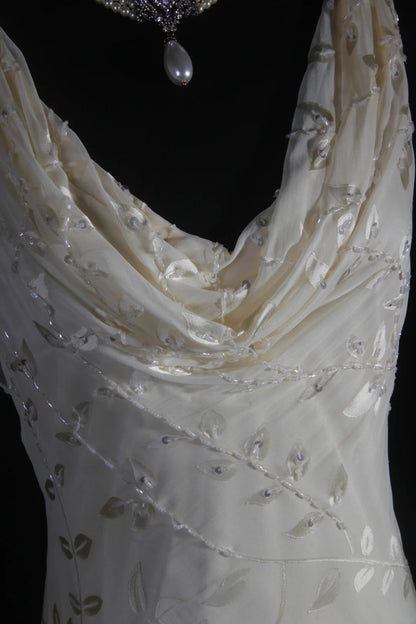 Chic Mermaid Cowl Neck White Lace High Low Chiffon With Beads Long Party Formal Women Prom Dresses AS094