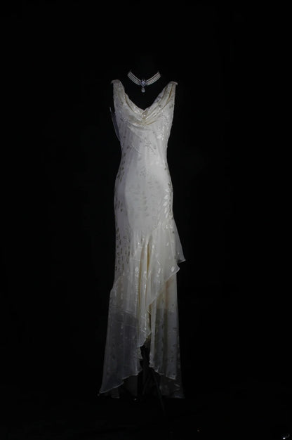 Chic Mermaid Cowl Neck White Lace High Low Chiffon With Beads Long Party Formal Women Prom Dresses AS094