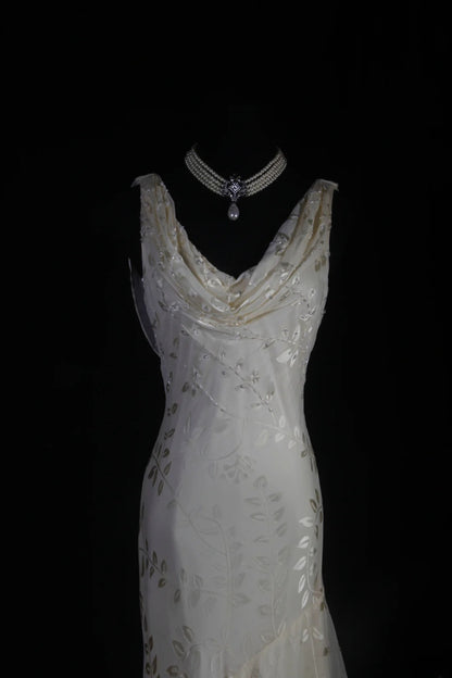 Chic Mermaid Cowl Neck White Lace High Low Chiffon With Beads Long Party Formal Women Prom Dresses AS094
