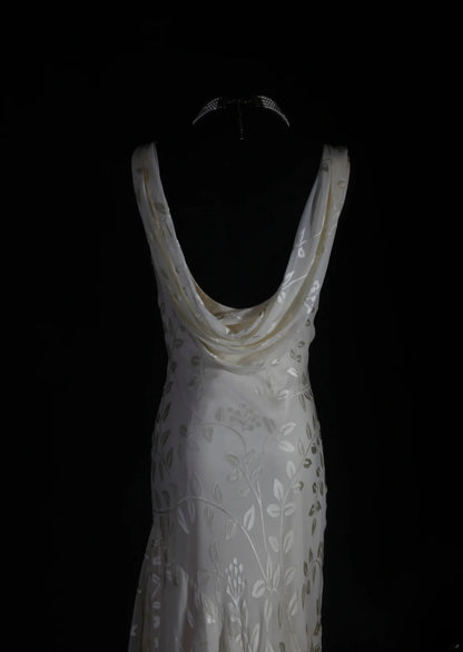 Chic Mermaid Cowl Neck White Lace High Low Chiffon With Beads Long Party Formal Women Prom Dresses AS094