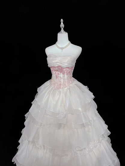 Cute Ball Gown Strapless Pink Organza With Appliqued Quince Dress Voluminous Sweet 16 Sweet Sixteen Outfits Vestido de 15 RB7465