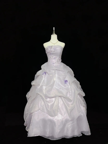 Cute Ball Gown Strapless Lilac Organza With Appliqued Quince Dress Voluminous Sweet 16 Sweet Sixteen Outfits Vestido de 15 RB7466