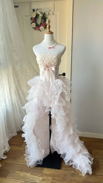 Prom Dress High Low Strapless Pink With Tiered Layers Formal Party Gown For Women RC0462