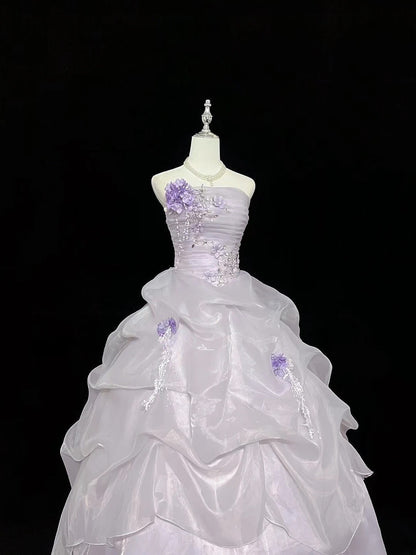 Cute Ball Gown Strapless Lilac Organza With Appliqued Quince Dress Voluminous Sweet 16 Sweet Sixteen Outfits Vestido de 15 RB7466