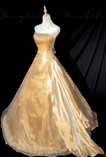 Princess Ball Gown Strapless Gold Satin Sleeveless With Beading Long Quinceanera Dress vestido de 15 de cenicienta RB3486