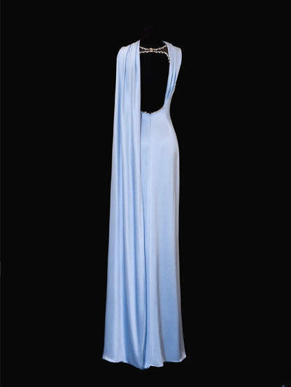 Classy Sheath Spaghetti Strap Light Sky Blue Satin Formal Style Impress Long Prom Dresses Party Gowns SA095