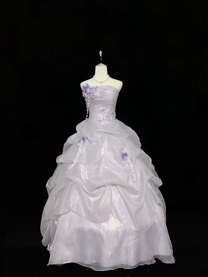 Cute Ball Gown Strapless Lilac Organza With Appliqued Quince Dress Voluminous Sweet 16 Sweet Sixteen Outfits Vestido de 15 RB7466