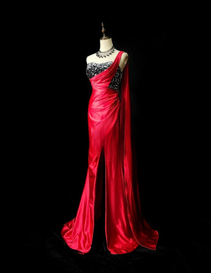 Vintage 60s Prom Dresses Mermaid One Shoulder Satin Red With Sequin Sleeveless Prom Evening Dress Formal Outfits RB5901