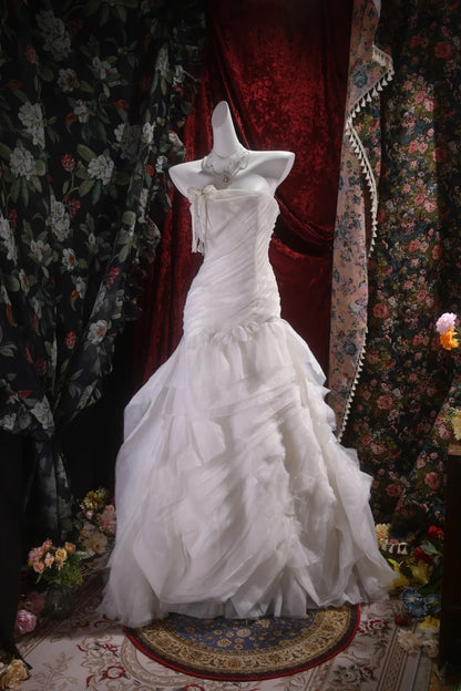 Vintage Mermaid Strapless 1950s White Tulle With Tiered Long Autumn Brides Gown Bridal Dress Wedding Dresses RB8113