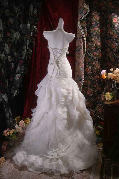 Vintage Mermaid Strapless 1950s White Tulle With Tiered Long Autumn Brides Gown Bridal Dress Wedding Dresses RB8113