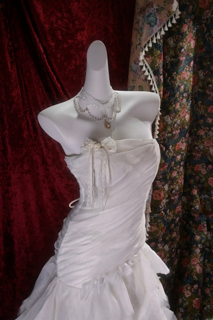 Vintage Mermaid Strapless 1950s White Tulle With Tiered Long Autumn Brides Gown Bridal Dress Wedding Dresses RB8113