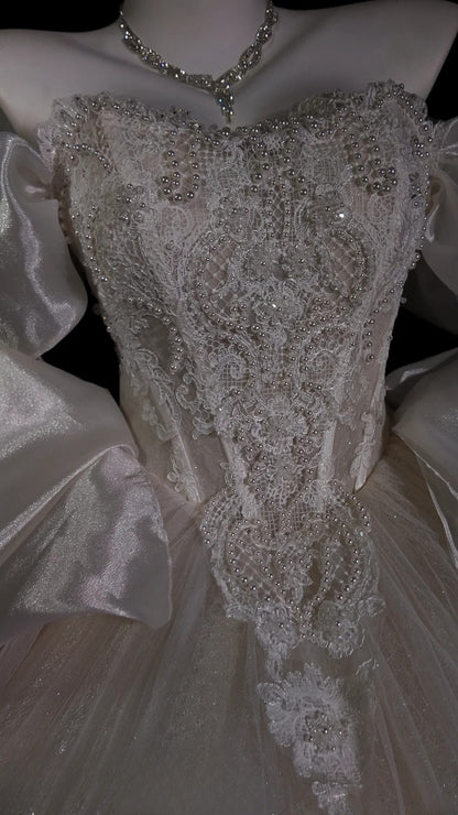 Princess Wedding Dress Ball Gown Off Shoulder White Tulle With Short Sleeves Bridal Gown for Big Day RB9896