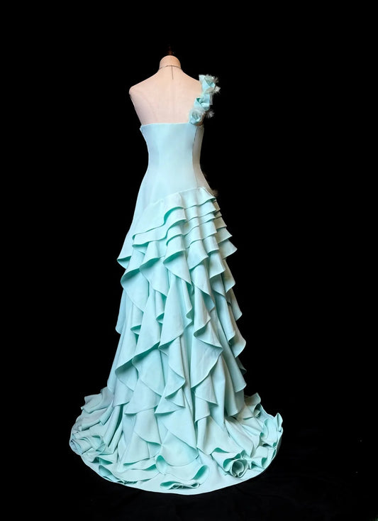 Vintage 60s Prom Dresses Mermaid One Shoulder Satin Tiffany Blue With Flowers Sleeveless Prom Evening Dress Formal Outfits RB5902