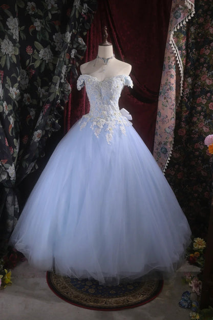 Pretty Ball Gown Off The Shoulder Light Blue Tulle With Lace Long Quince Dress Quinceanera Dresses Formal Birthday Outfits RB8114