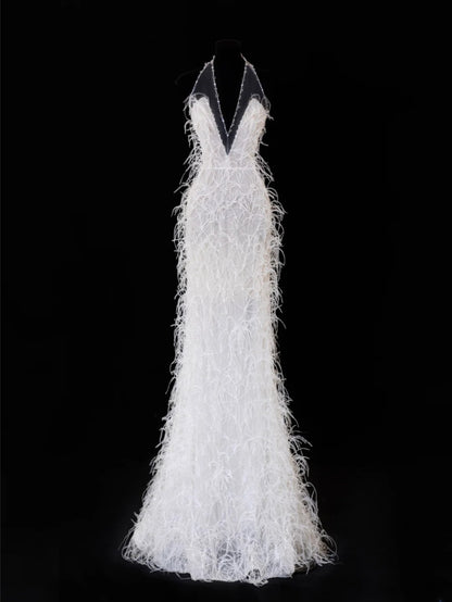 Timeless Wedding Gowns Dresses Romantic Mermaid V Neck for Bride With Feather White Petite/Plus Size Bridal Gown For Women SA097