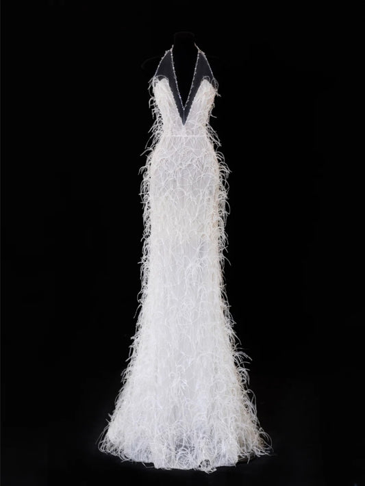 Timeless Wedding Gowns Dresses Romantic Mermaid V Neck for Bride With Feather White Petite/Plus Size Bridal Gown For Women SA097