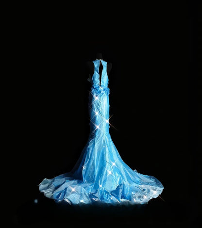 Vintage Mermaid V Neck Blue With 3D Flowers Long Prom Dress Formal Dress Party Dresses RB7086