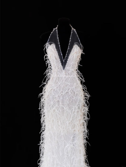 Timeless Wedding Gowns Dresses Romantic Mermaid V Neck for Bride With Feather White Petite/Plus Size Bridal Gown For Women SA097