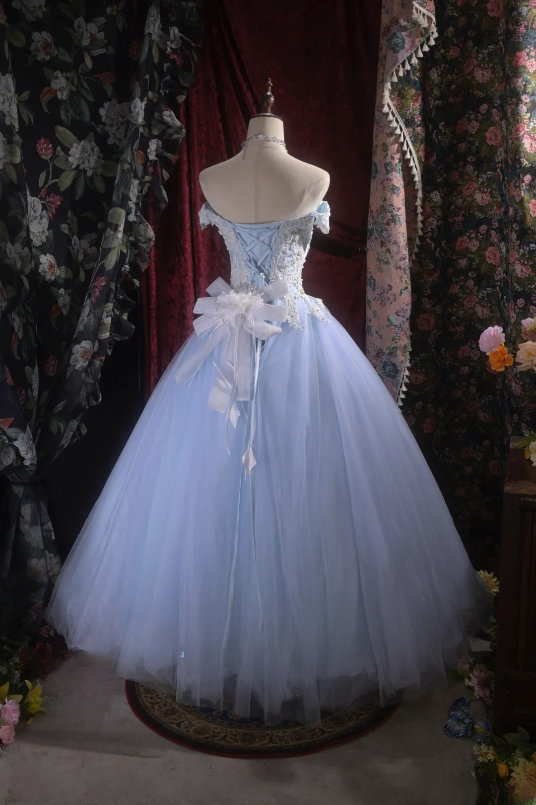 Pretty Ball Gown Off The Shoulder Light Blue Tulle With Lace Long Quince Dress Quinceanera Dresses Formal Birthday Outfits RB8114
