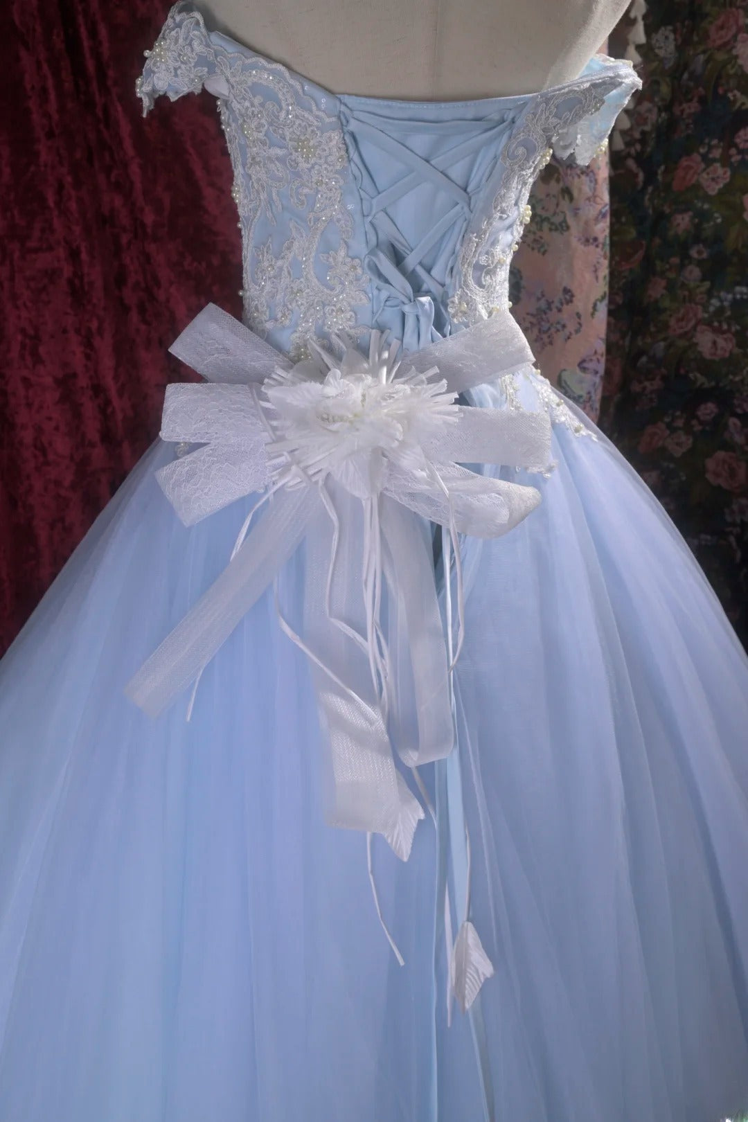 Pretty Ball Gown Off The Shoulder Light Blue Tulle With Lace Long Quince Dress Quinceanera Dresses Formal Birthday Outfits RB8114