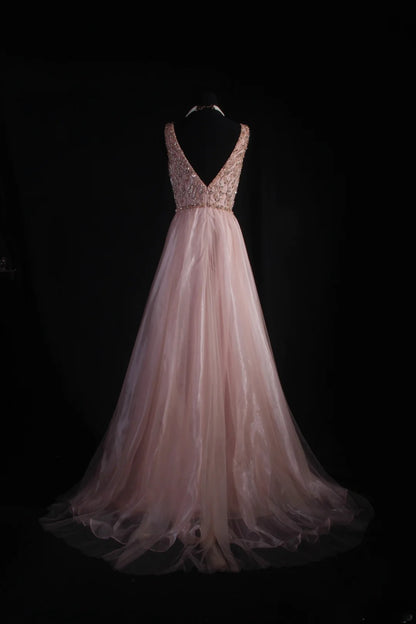 Women's Cocktail Party Gowns A Line V Neck Blush Pink With Beaded Tops Long Graduation Dinner Outfits Prom Dresses AS097