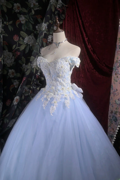 Pretty Ball Gown Off The Shoulder Light Blue Tulle With Lace Long Quince Dress Quinceanera Dresses Formal Birthday Outfits RB8114