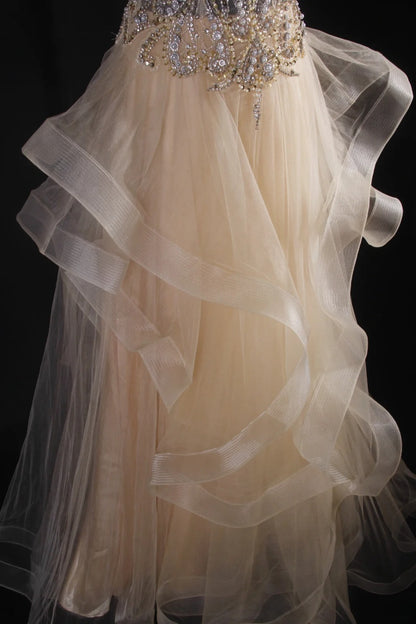 Women's Cocktail Party Gowns A Line V Neck Champagne With Beaded Tops Long Graduation Dinner Outfits Prom Dresses AS098