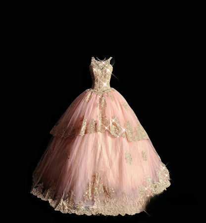 Sparkly Ball Gown Scoop Pink Tulle Long Quinceañera Dress Moda 2000 15 Quinceanera Dresses Ideas Sweet 16 Outfit RB7085