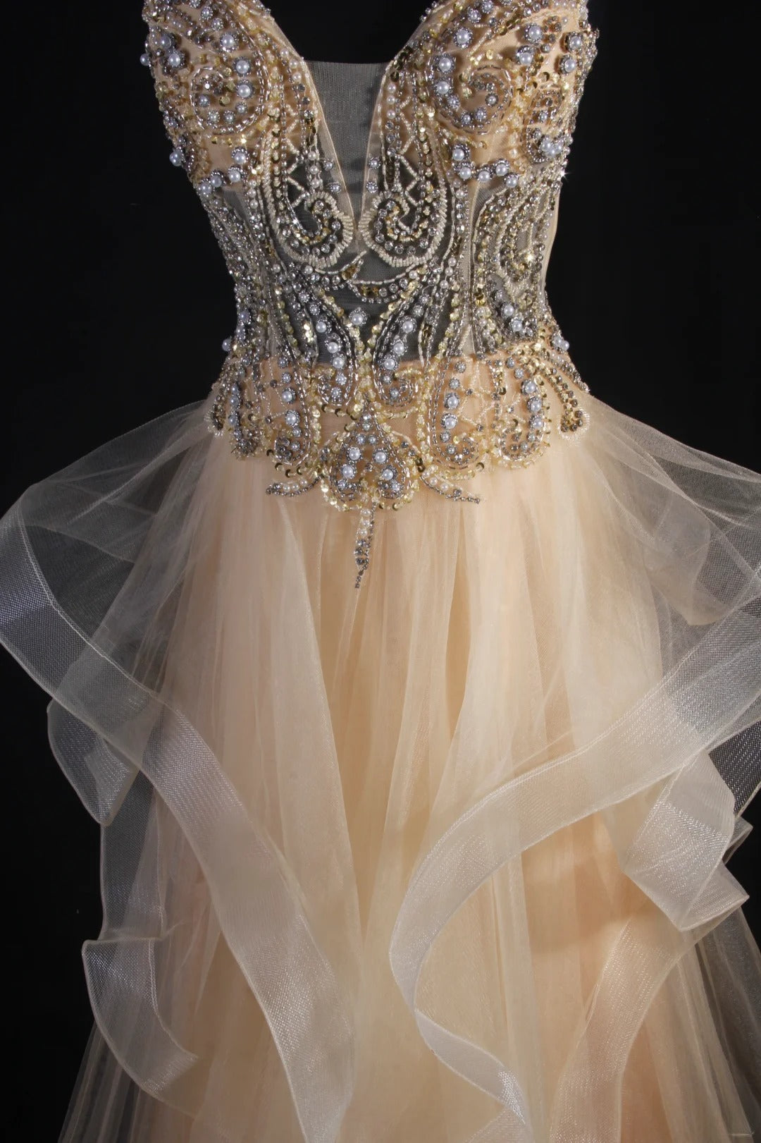 Women's Cocktail Party Gowns A Line V Neck Champagne With Beaded Tops Long Graduation Dinner Outfits Prom Dresses AS098