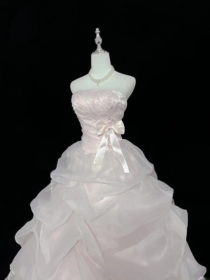 Cute Ball Gown Strapless Light Pink Organza With Beading Quince Dress Voluminous Sweet 16 Sweet Sixteen Outfits Vestido de 15 RB7469
