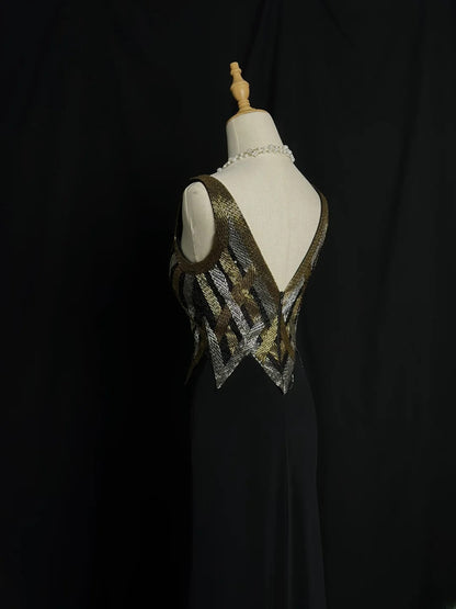 Vintage 80s Prom Dresses Mermaid V Neckline Black Chiffon With Gold Beaded Long Evening Dress Formal Outfits RB5904
