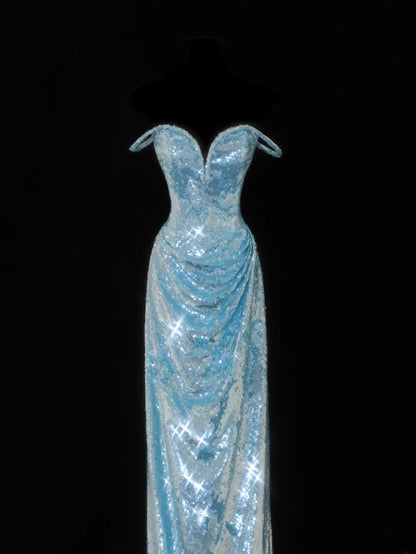 Classy Sheath Spaghetti Straps Blue Sparkly Sequins Style Impress Long Prom Dresses Formal Party Gowns SA098