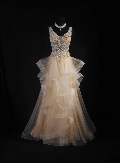 Women's Cocktail Party Gowns A Line V Neck Champagne With Beaded Tops Long Graduation Dinner Outfits Prom Dresses AS098