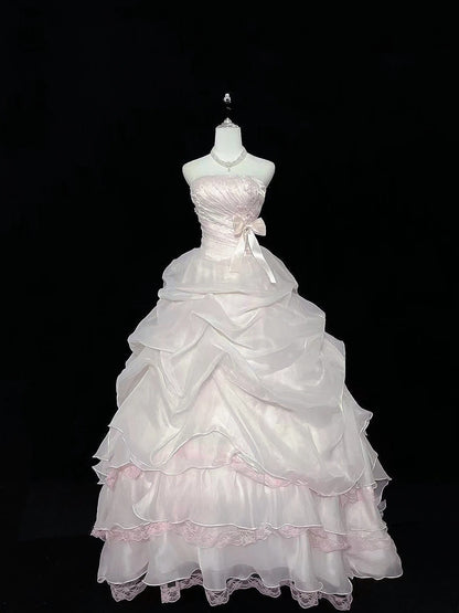Cute Ball Gown Strapless Light Pink Organza With Beading Quince Dress Voluminous Sweet 16 Sweet Sixteen Outfits Vestido de 15 RB7469