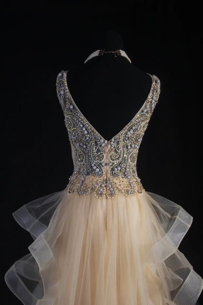 Women's Cocktail Party Gowns A Line V Neck Champagne With Beaded Tops Long Graduation Dinner Outfits Prom Dresses AS098