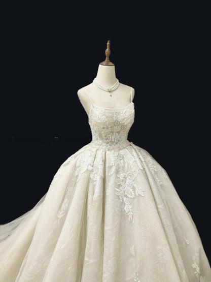 Vintage Ball Gown Spaghetti Straps Cream Ivory Tulle With Beading Lace Long Brides Gown Bridal Dress Wedding Dresses Style RB7470