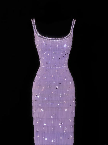 Classy Sheath Square Neck Lilac Tulle With Beads Gem Formal Style Impress Long Prom Dresses Party Gowns SA099