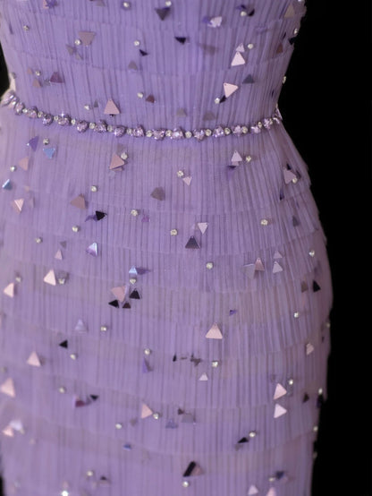 Classy Sheath Square Neck Lilac Tulle With Beads Gem Formal Style Impress Long Prom Dresses Party Gowns SA099