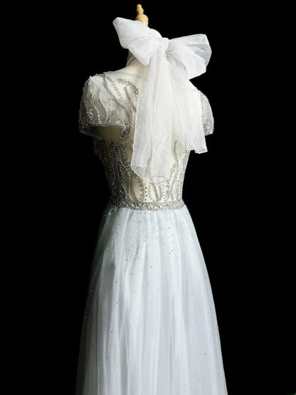 Vintage 1980s Prom Dresses A Line Scoop Light Gray Tulle With Beaded Evening Dress Formal Outfits RB5906